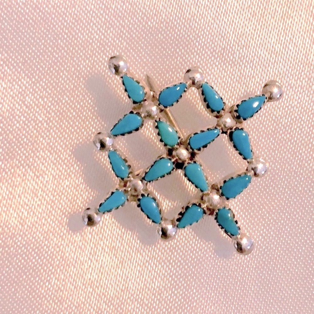 Zuni Native Sterling Silver Needlepoint Turquoise Brooch and Pendant.